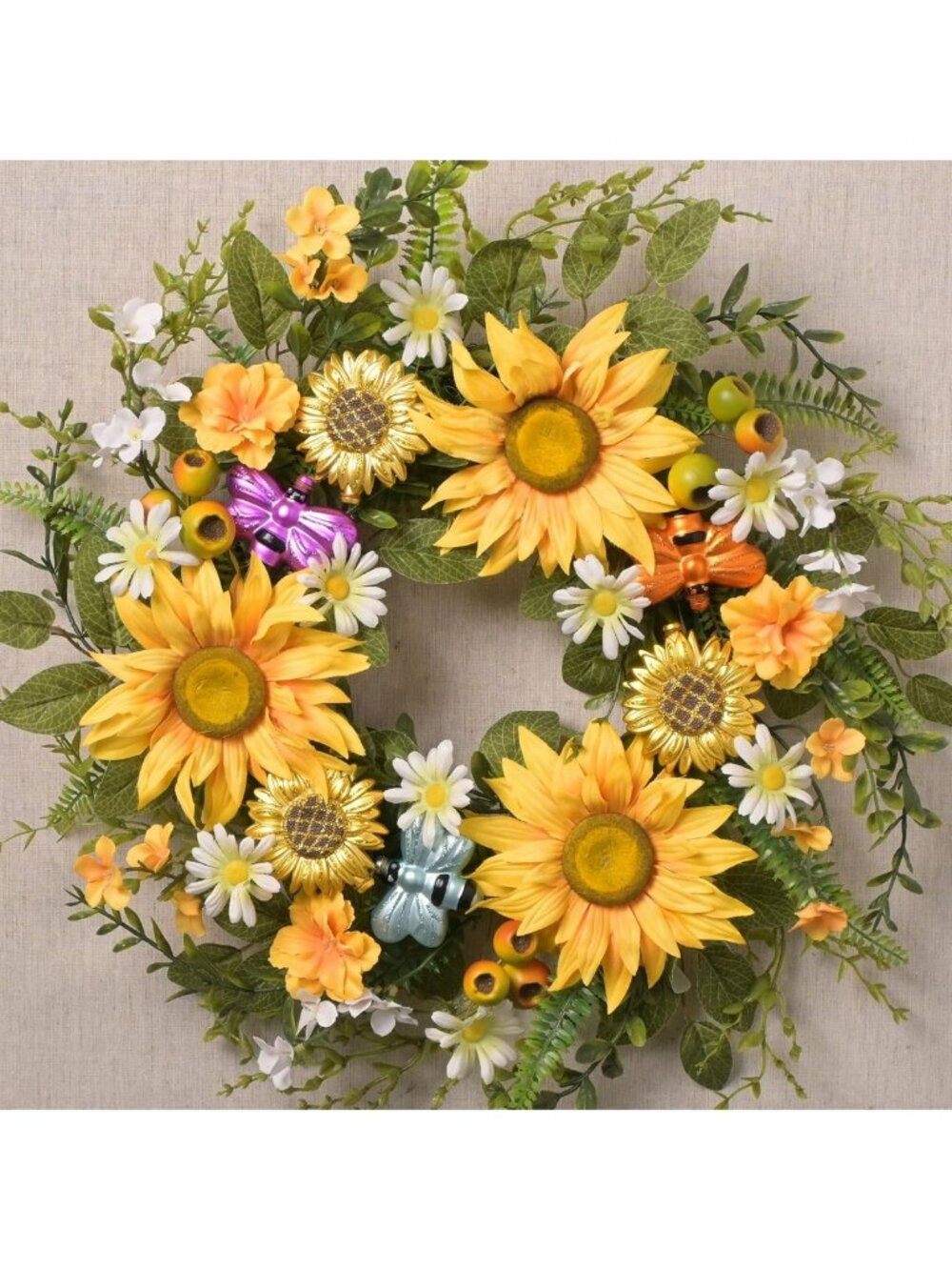 22-Inch Summer Sunflower Wreath - Artificial Farmhouse Decor for Front Door